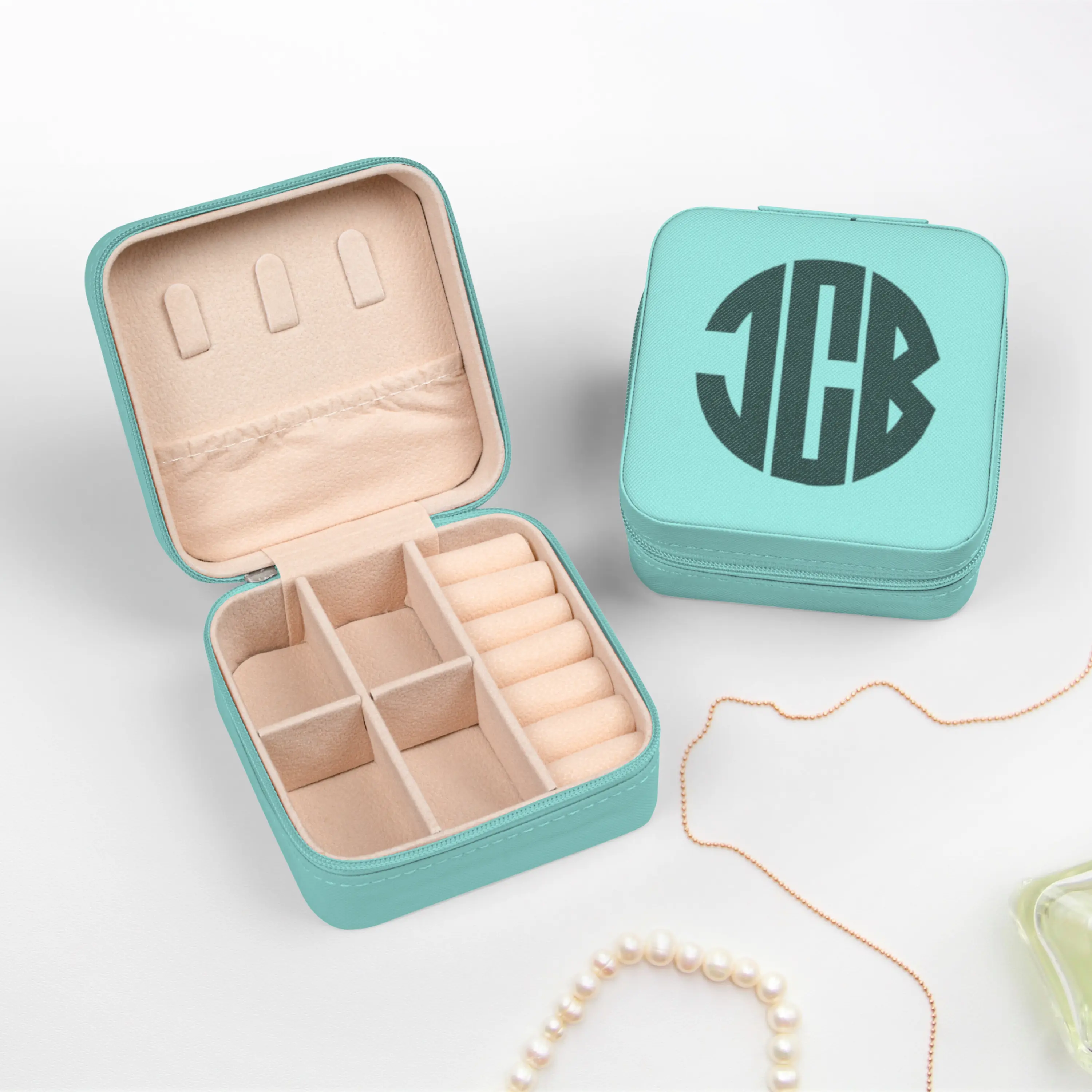 Personalized Leather Travel Jewelry Accessory Case - Compact Monogram Organizer for Rings, Earrings, Necklaces, College Students; Gift Storage Box, Bridesmaid Gifts, Graduation Gifts
