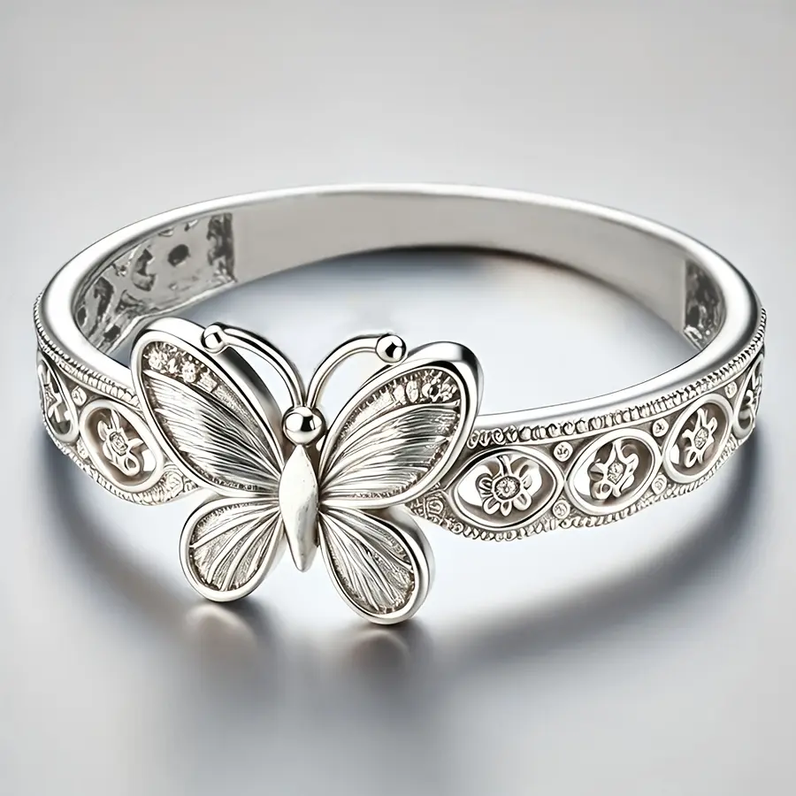 Women's Butterfly Ring with Zircon Gemstone Accent, Retro Hollow Flower Copper Design for Parties, Vacation & as a Friendship Gift, Butterfly Motif, Zircon Copper vintage silver jewelry pretty