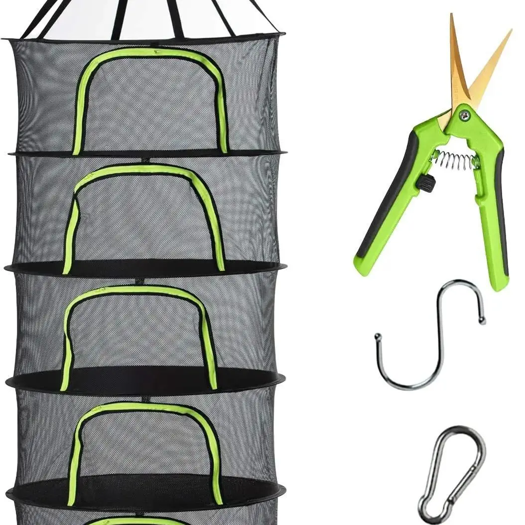 6 Tier Black Mesh Zippered Herb Drying Rack Hanging Dryer Dry Net with Pruning Shear for Hydroponics Laundry Hangable