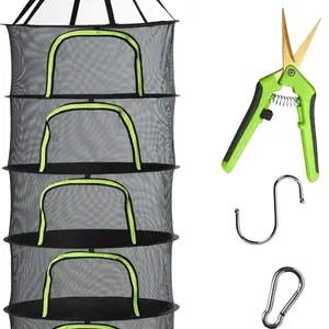 6 Tier Black Mesh Zippered Herb Drying Rack Hanging Dryer Dry Net with Pruning Shear for Hydroponics Laundry Hangable