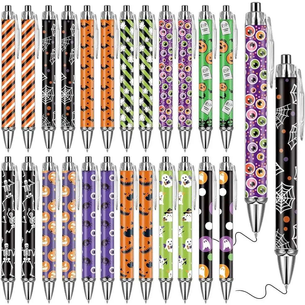 24 count Halloween Ballpoint Pens Bulk, Retractable Cute Gel Ink Pen Ghost Pumpkin Spider Bat Pens for Office School Supplies Party
