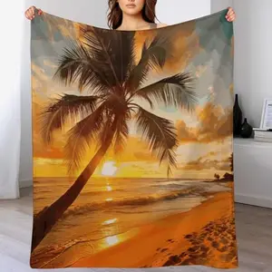 Flannel Throw Blankets Tropical Beach Palm Tree Sunset Print Multi-Function Large Nap Blanket Lightweight Plush Fluffy for Bed, Sofa, Travel, Camping-280GSM