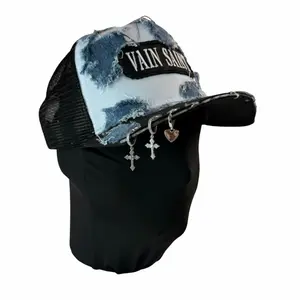Cropped Crucifix Denim Trucker Hat
