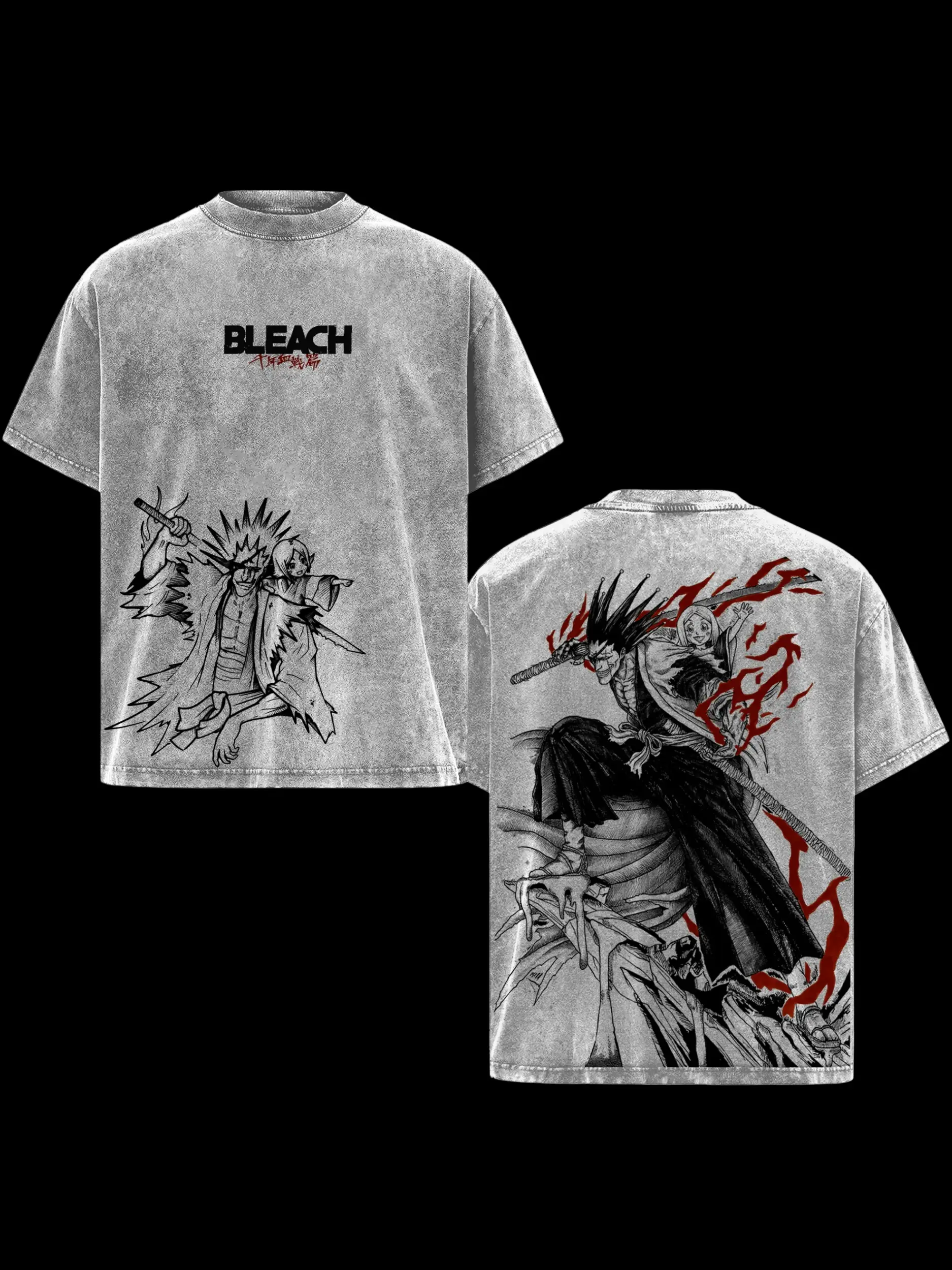 Kenpachi Zaraki Bleach Vintage Washed Oversized Anime T-Shirt, Heavyweight Cotton Streetwear Graphic Tee, Dark Manga Line Art Back Print, Unisex Loose Fit Japanese Anime Shirt, Classic Bleach Anime Streetwear Gift