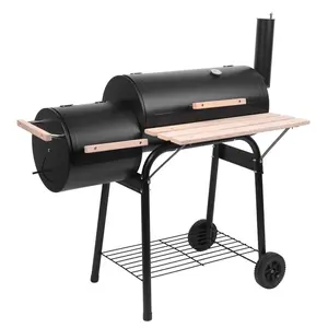 Oil Drum Charcoal Smoker Grill | 500-600°F High-Temp Paint, Dual 12" Cooking Chambers, Built-in Thermometer, Wooden Handles & Side Shelf, Portable with Wheels for Backyard BBQ