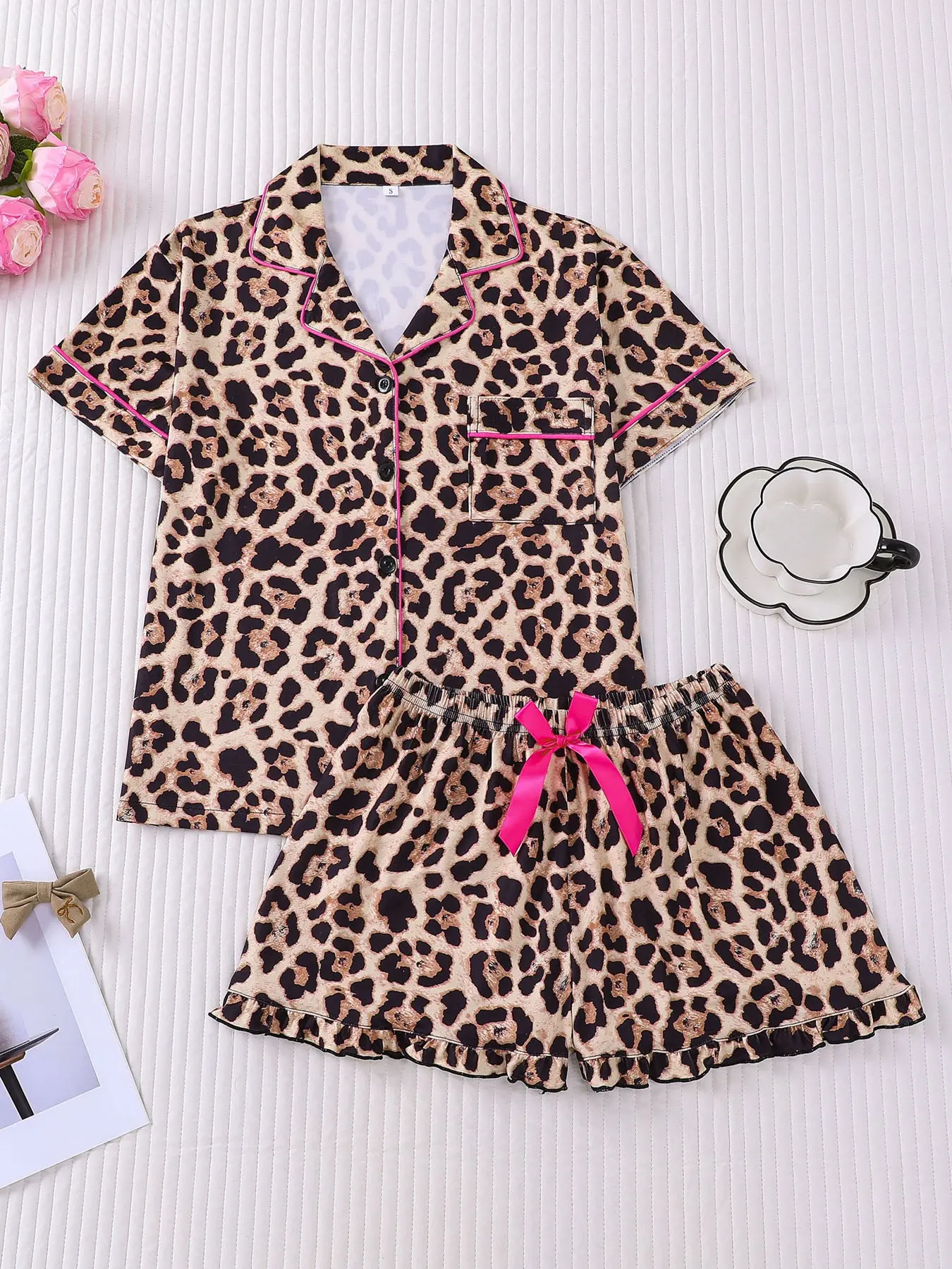 2Pcs Women's Leopard Print Contrast Trim Collared Short Sleeve Pajama Set Pjs, Y2K Sweet Cool Ruffle Hem Shorts Loungewear, Button Down Top with Pocket, Elastic Waist Sleepwear for All Season Home Daily Wear Womenswear Leopard Print Pajamas