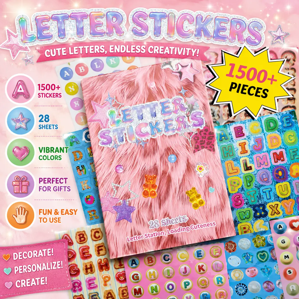 Cute Alphabet Sticker Book - 28 Sheets, 1500+ Colorful Self-Adhesive Stickers, Kawaii Korean Aesthetic Letters & Daily Life Designs for Journals, Scrapbooks, Planners & DIY Crafts
