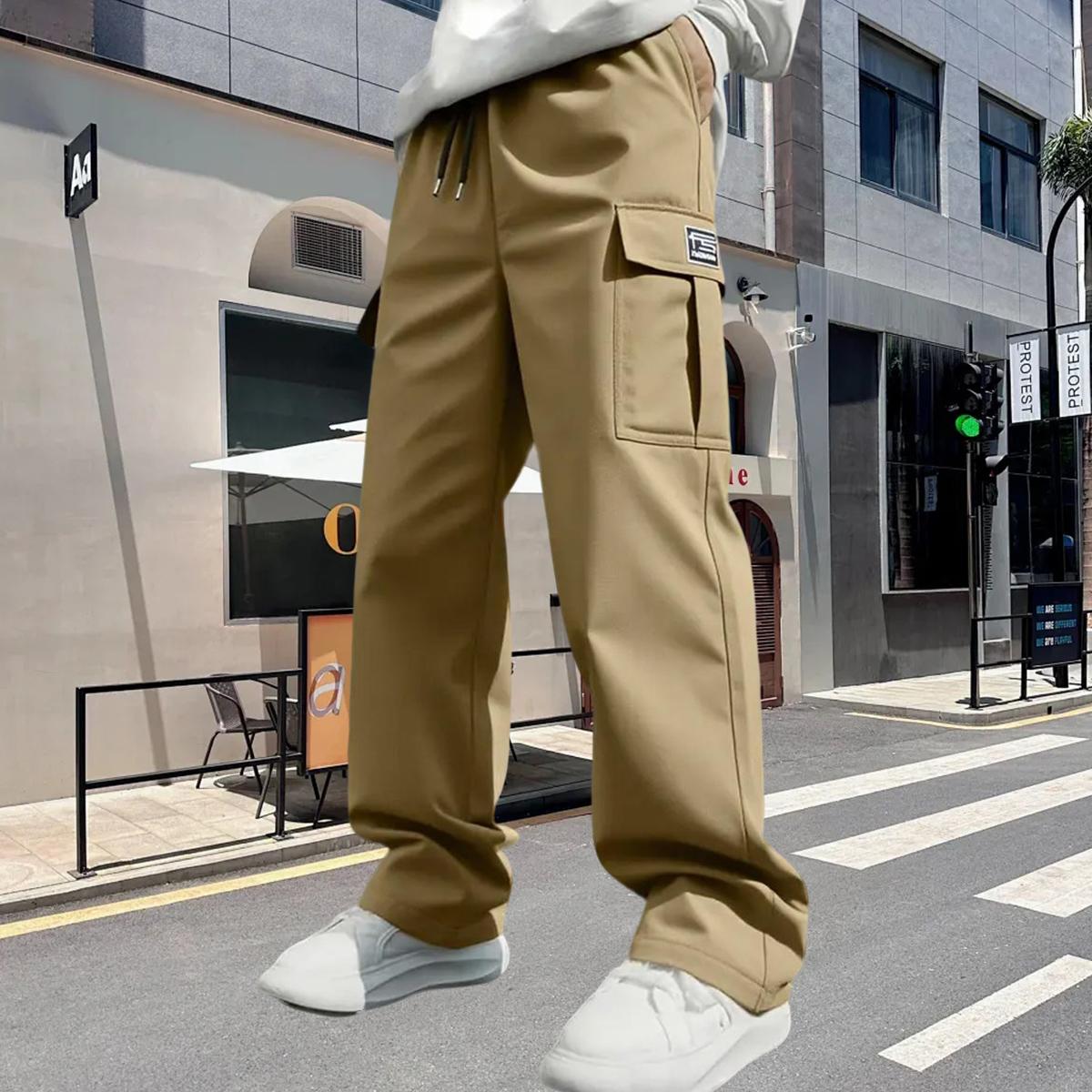 Men's solid-color four-season fashionable casual multi-pocket loose straight-leg hiking training fitness outdoor work pants