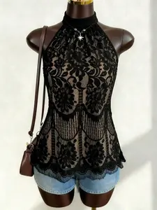 Lace Halter Top for Plus Size Women, Ruffled Sleeveless Sexy Blouse, Vintage Casual Chic Shirt for Summer, Party, Dating, Travel Photos, Womenswear
