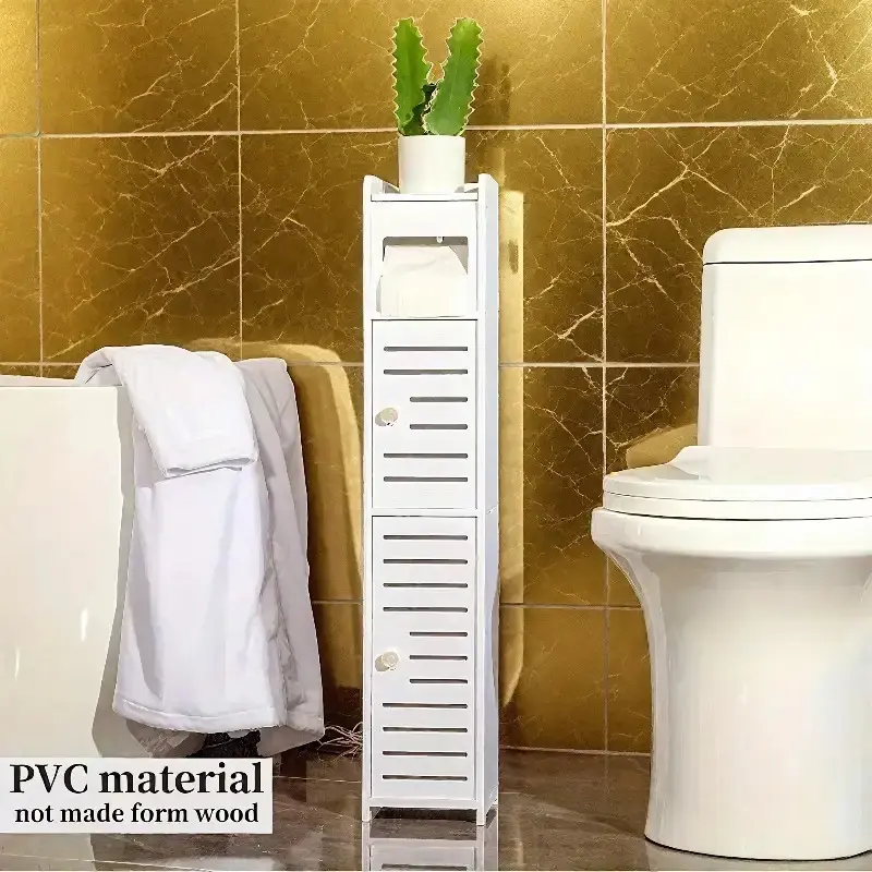 White Modern Bathroom Storage Cabinet with Sliding Doors and Shelves - Heavy-Duty PVC Corner Unit, Space-Saving Toiletries Organizer, Easy-to-Assemble Cabinet , Suitable for Bathroom, Bedroom, Corridor - Compact Shelving System, PVC Material (Model DM149)