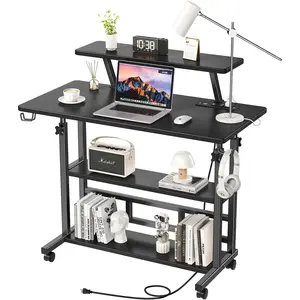 Adjustable Height Standing Desk with Power Outlets, Rolling Stand Up Desk with  Stand and Storage Shelves, 31.5" Small Mobile Computer Desk, Portable Laptop Table (Black with  Stand)