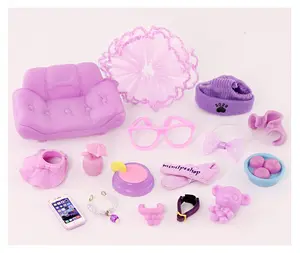 16 pc purple accessories set for mini pets, included sofa skirt hat scarf glasses collar bear food and drink Bundle Compatible with minilps Shorthair Cat Collie Husky Puppy Cocker Spaniel  bunny(B59)