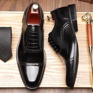 Men'S Brogue Cap Toe Oxford Shoes, Lace-up Front Dress Shoes For Business Formal White Tie Occasions men Black Boy