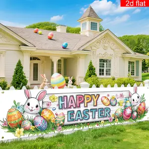 1pc Waterproof Polyester 2D Flat Easter Sign Banner - Vibrant Bunny, Egg, Flower Patterns, Festive Backdrop for Spring Party Outdoor Fence Balcony Decor, Ideal Gift for Easter Business Events