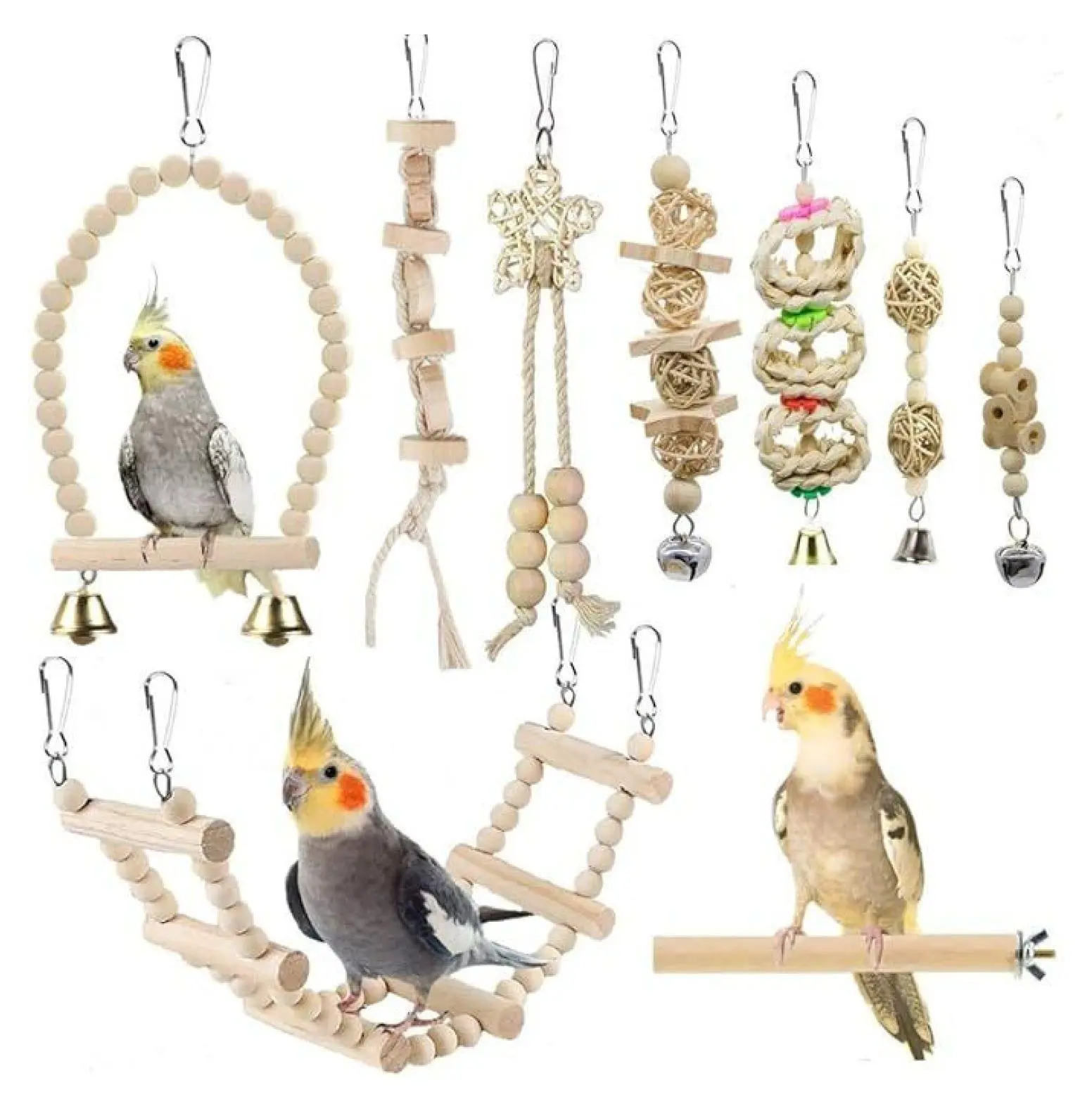 Brown Parrot Swing Toy Set - 6in Diameter Swing, 6x6in Hammock, 8in Ladder, Chewing Perch, Bird-Safe Materials - Small to Medium Bird Enrichment Pet Supplies for Budgies, 1 Set