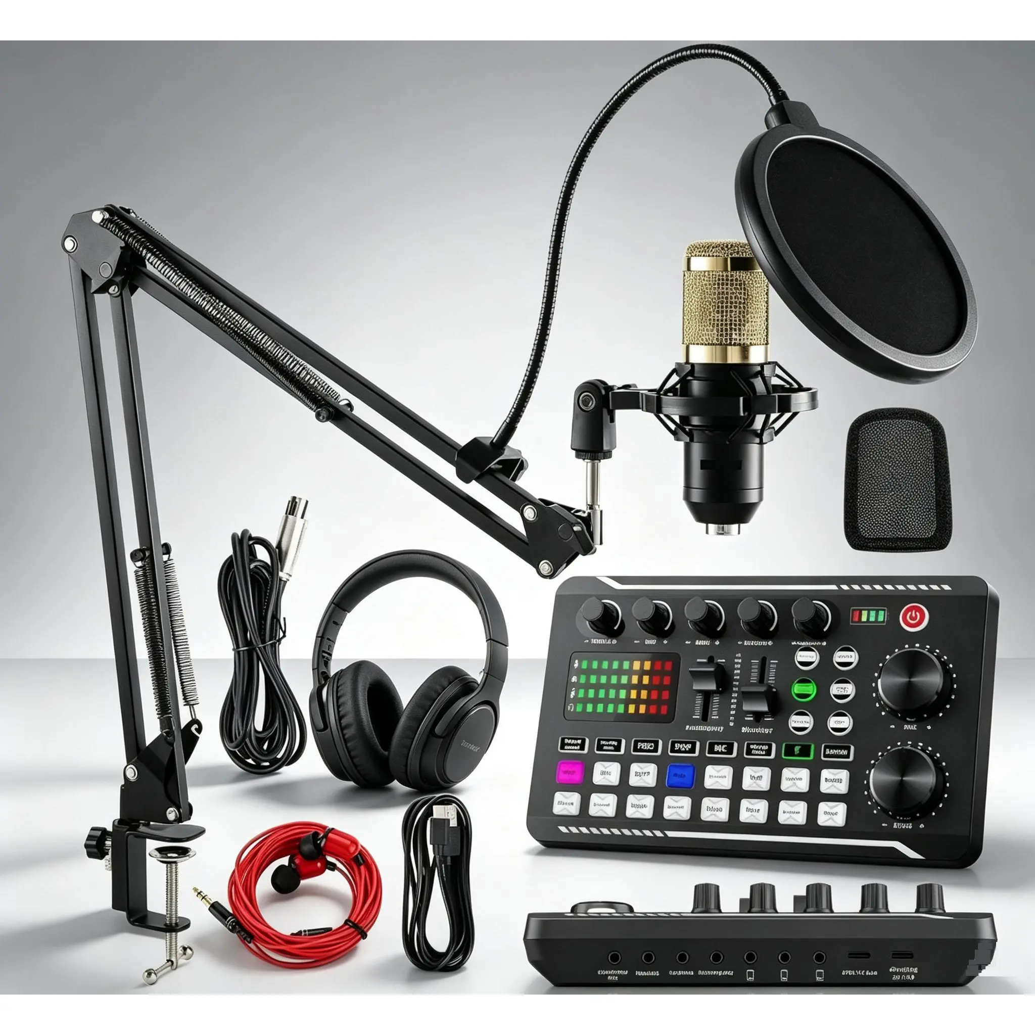 BM800 Condenser Microphone Complete Kit with V8s Audio Mixer - All-In-1 Indoor Recreation Podcast Bundle for Content Creators, Live Broadcast & Vocal Recording
