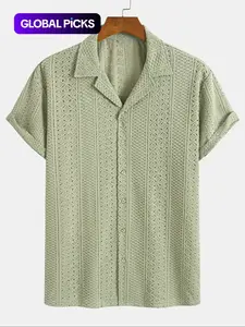 Men's Geometric Jacquard Short Sleeve Casual Party Shirt, Loose Casual Comfy Breathable Top for Summer, Men's Clothes for Daily Wear, Tropical, Casual Stylish Menswear, Knit Shirts