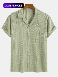 men's geometric jacquard short sleeve shirt, loose casual comfy breathable shortsleeve top for summer, casual soft fit men's clothes for daily wear, breathable casual button collared menswear