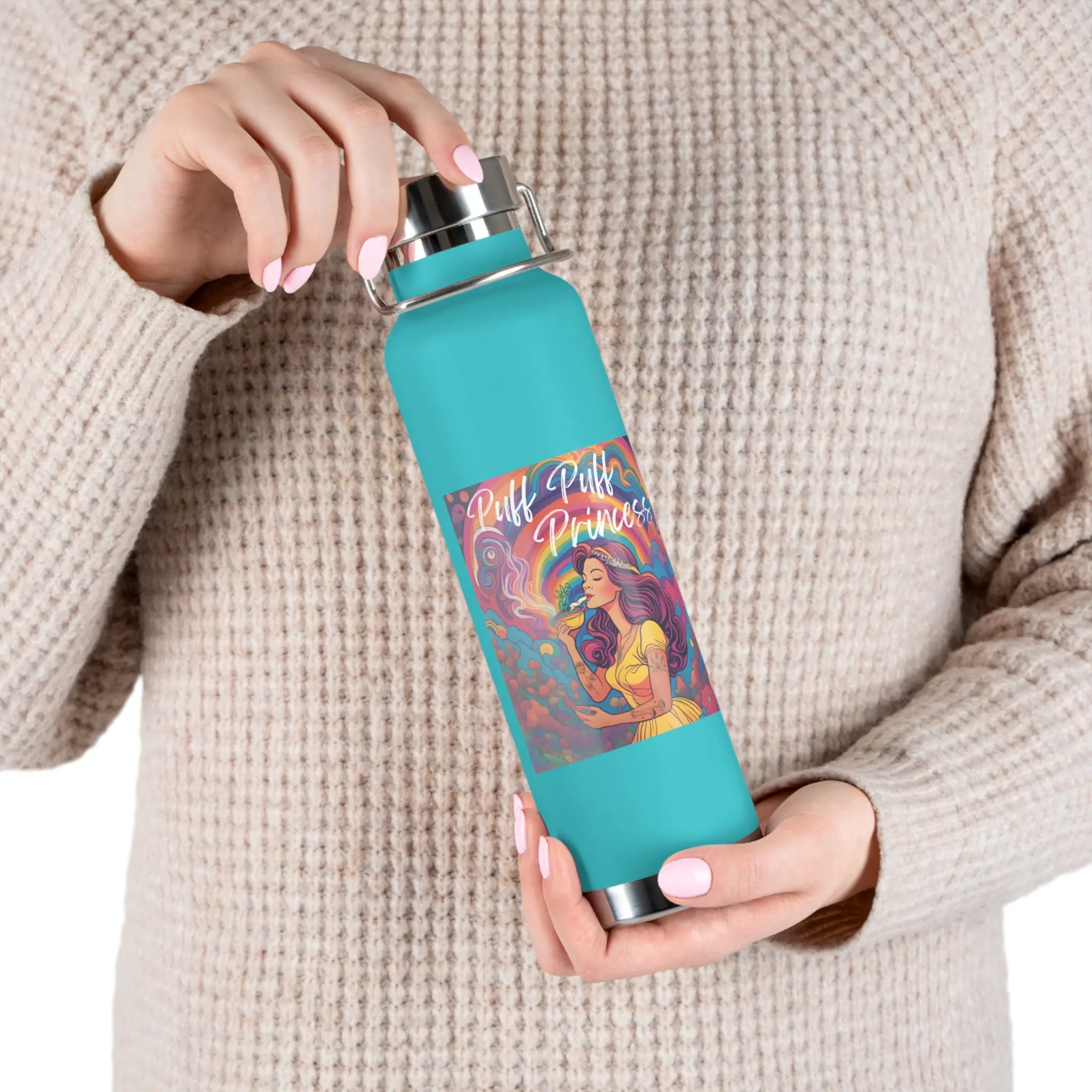 Water Bottle, Puff Puff Princess Design, Cute Insulated Flask, Travel Tumbler, Gym Hydration, Stainless Steel, Hot Cold Drinks