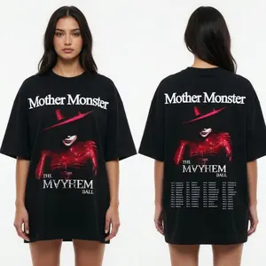 GAGA The Mayhem Ball World Tour Unisex T-Shirt, Vintage Mother Monster Red Leather Hat Graphic Double Side Print Tee, Perfect Gift for Music Fans 7