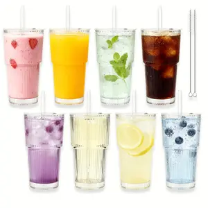 20oz Thickened Ribbed Glass Tumbler Set (6/8Pack) | with Lids & Straws | Clear Aesthetic Cups for Coffee, Smoothies, Cocktails & Juices