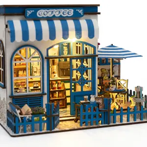 DIY 3D   Puzzle  Wooden Santorini Coffee Shop Puzzle, LED-Lit Miniature House Diorama, Mediterranean Style Build Kit for Adults, Handmade Woodcraft Hobby Set & Creative Craft Gift