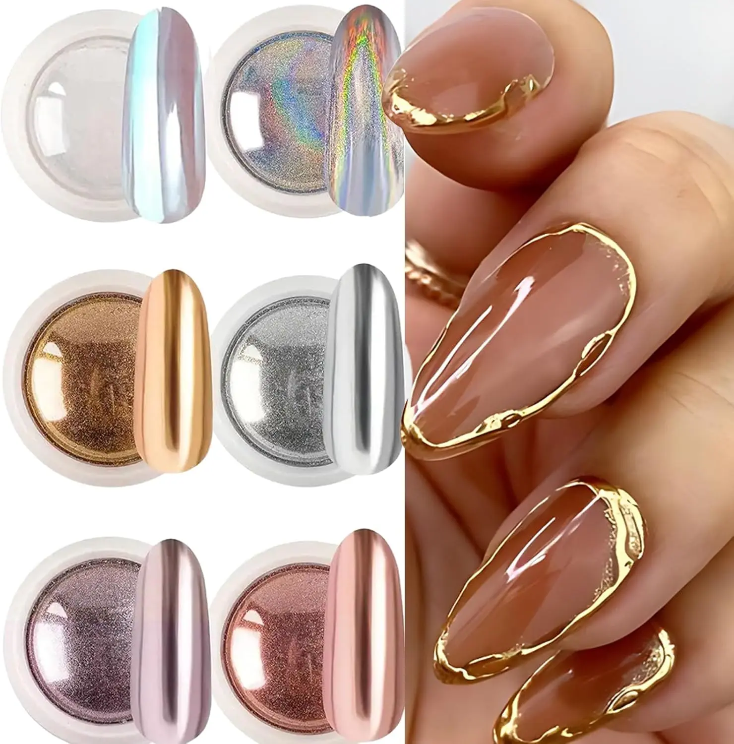 Halloween Fall Gift Chrome Nail Powder Set – 6 Colors Metallic Mirror Nail Pigment (Gold, Silver, Rose Pink, White) Holographic Aurora Chrome Powder for Gel Nails, Acrylic Nails, Nail Art Decoration, DIY Manicure Supplies