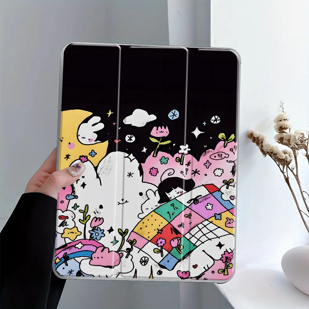 Dreamy Cartoon Graffiti Design iPad Case Transparent Acrylic Hard Back Panel With Pencil Slot，Suitable for Ipad mini pro air. Scratch-resistant Ultra-thin Protective Case, Shock-resistant Full Cover Protective Case Suitable for Offices Schools and Homes