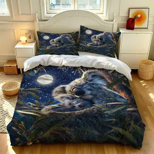3-piece Night Starry Sky Warm Mother and Child Koala Quilt Set, including 1 duvet cover and 2 pillowcases, without blankets or pillowcases, soft and comfortable, suitable for bedrooms, hotels, and school dormitories