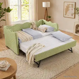 Green Linen Cozy Gingham Plaid Twin-Size Daybed with Trundle - Wave-Shape Design, USB Charging Port, No Box Spring Needed, Convertible Twin Bed Sofa for Adults