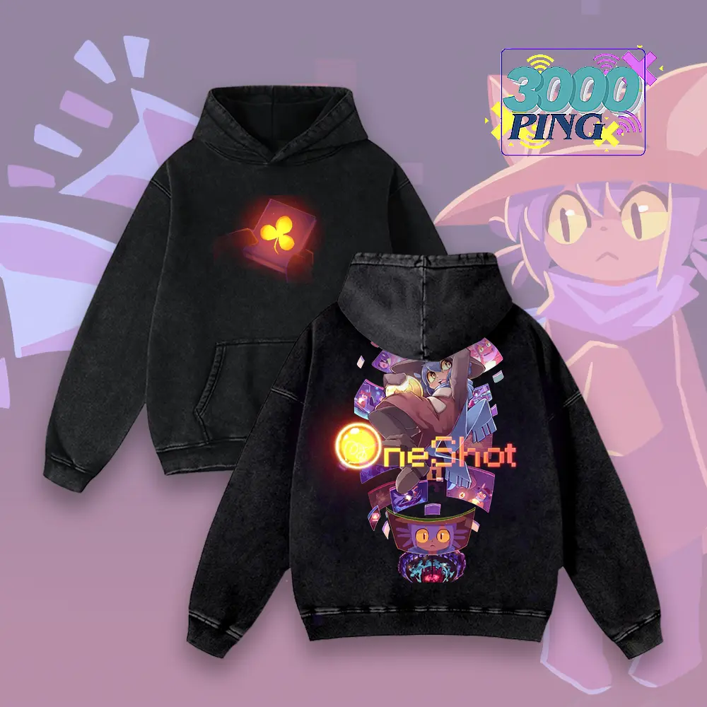 OneShot Hoodie Niko & World Machine Graphic, Vintage Acid Wash Sweatshirt, Journal Clover Logo, Indie Game Merch, Solstice Pullover, Unisex Cotton Top