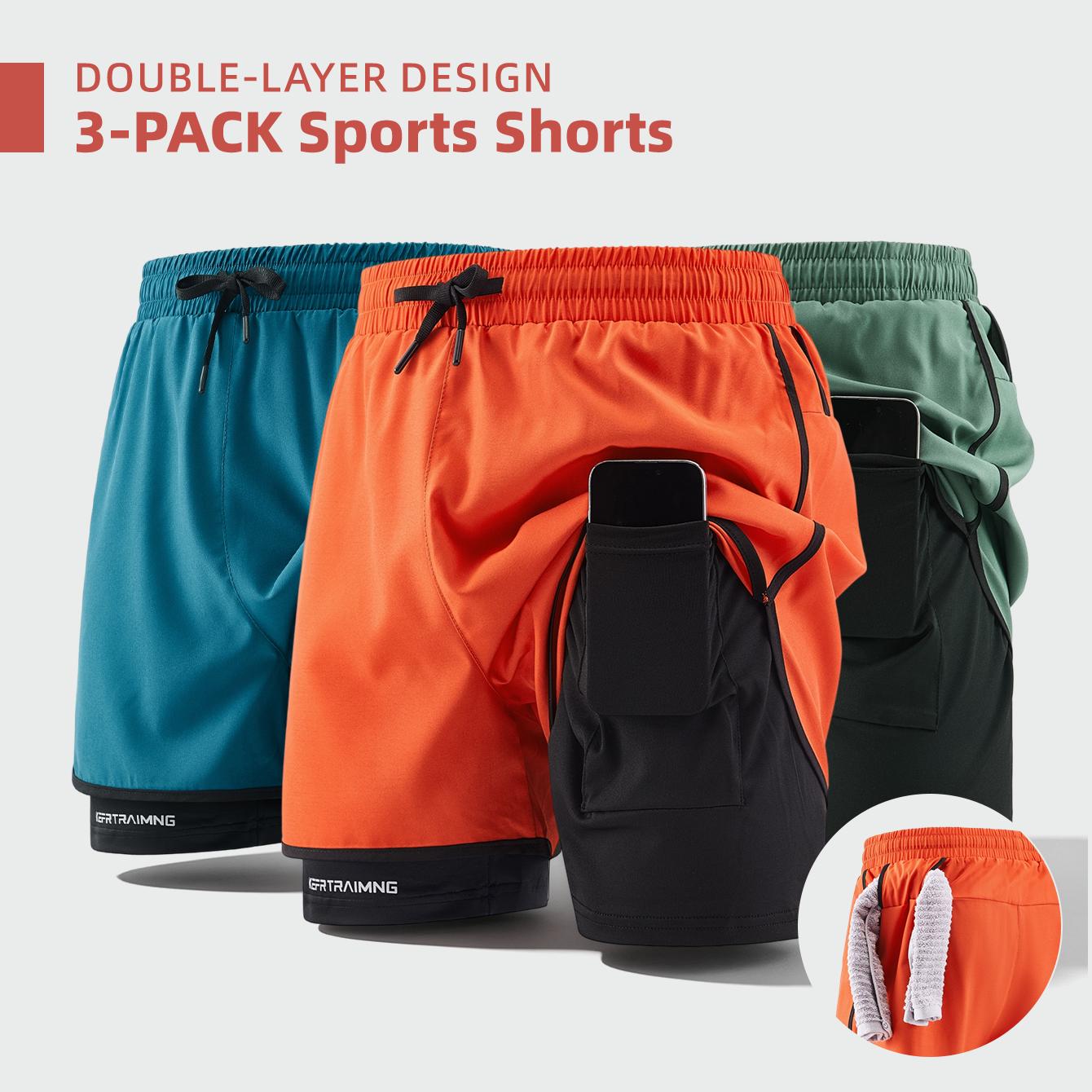 Men’s 3-pack double-layer faux two-piece running shorts with phone pocket and towel loop; quick-drying, breathable, anti-exposure design; lightweight and comfortable; versatile for running, fitness, basketball training, everyday commuting.