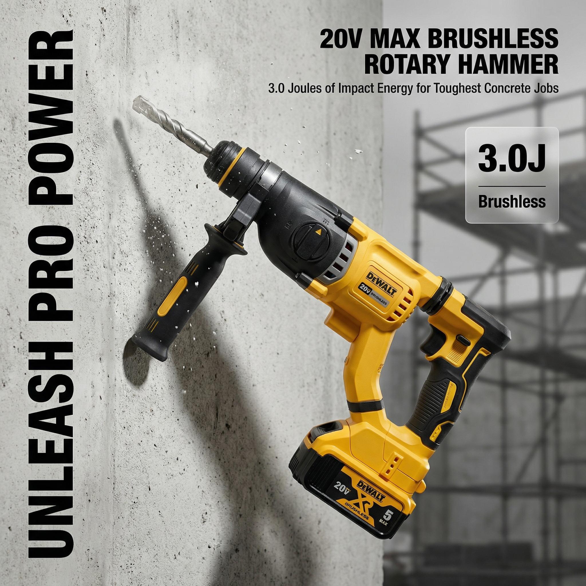 DEWALT DCH263 20V MAX XR Brushless 1-1/8-Inch SDS-Plus Rotary Hammer Drill Featuring SHOCKS Active Vibration Control 3-Mode Functionality for Concrete Masonry Steel and Wood Projects with 3.0-Joule Impact Energy and LED Work Light
