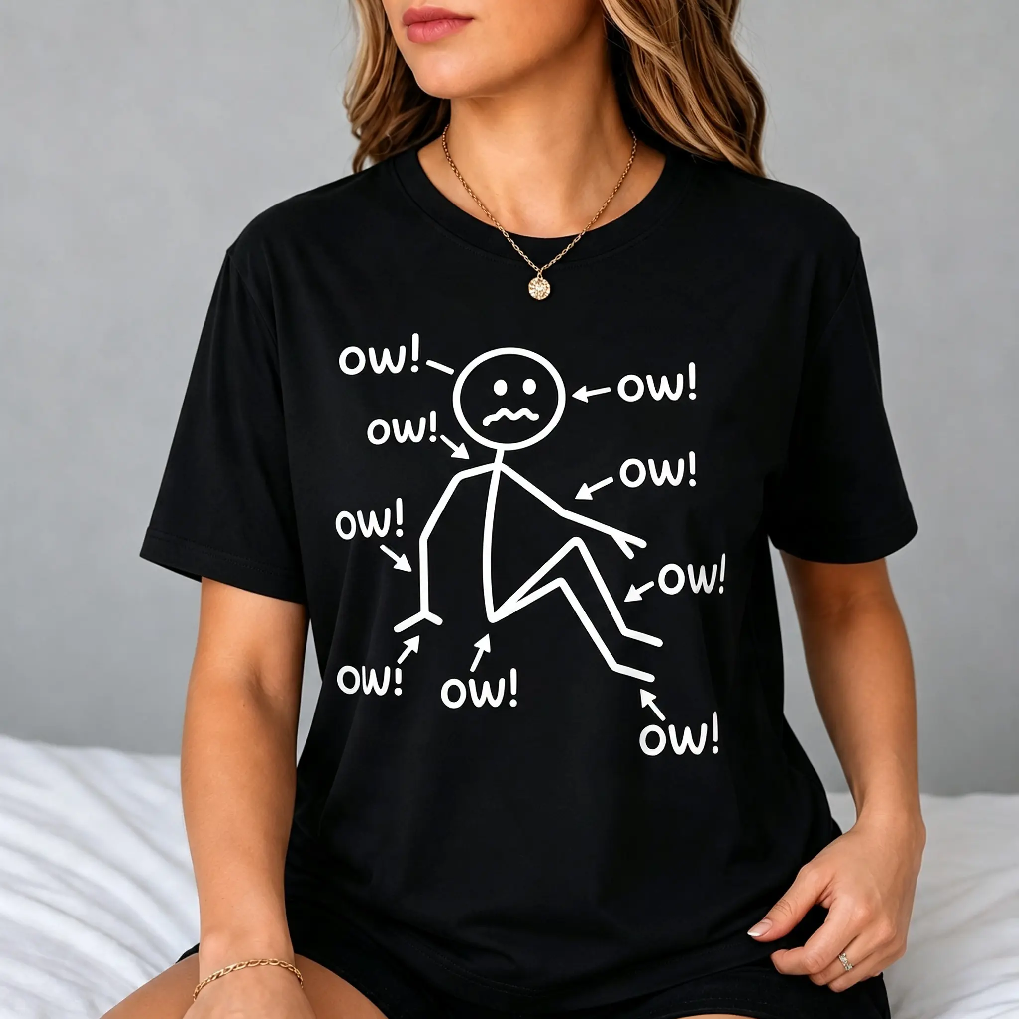 Chronic Pain Awareness T-Shirt, Featuring a Smiling "Ow" Character And Fibromyalgia Symptoms Design - a Soft And Comfortable Crew-Neck T-Shirt, Unisex, an Ideal Gift for Fibromyalgia Patients