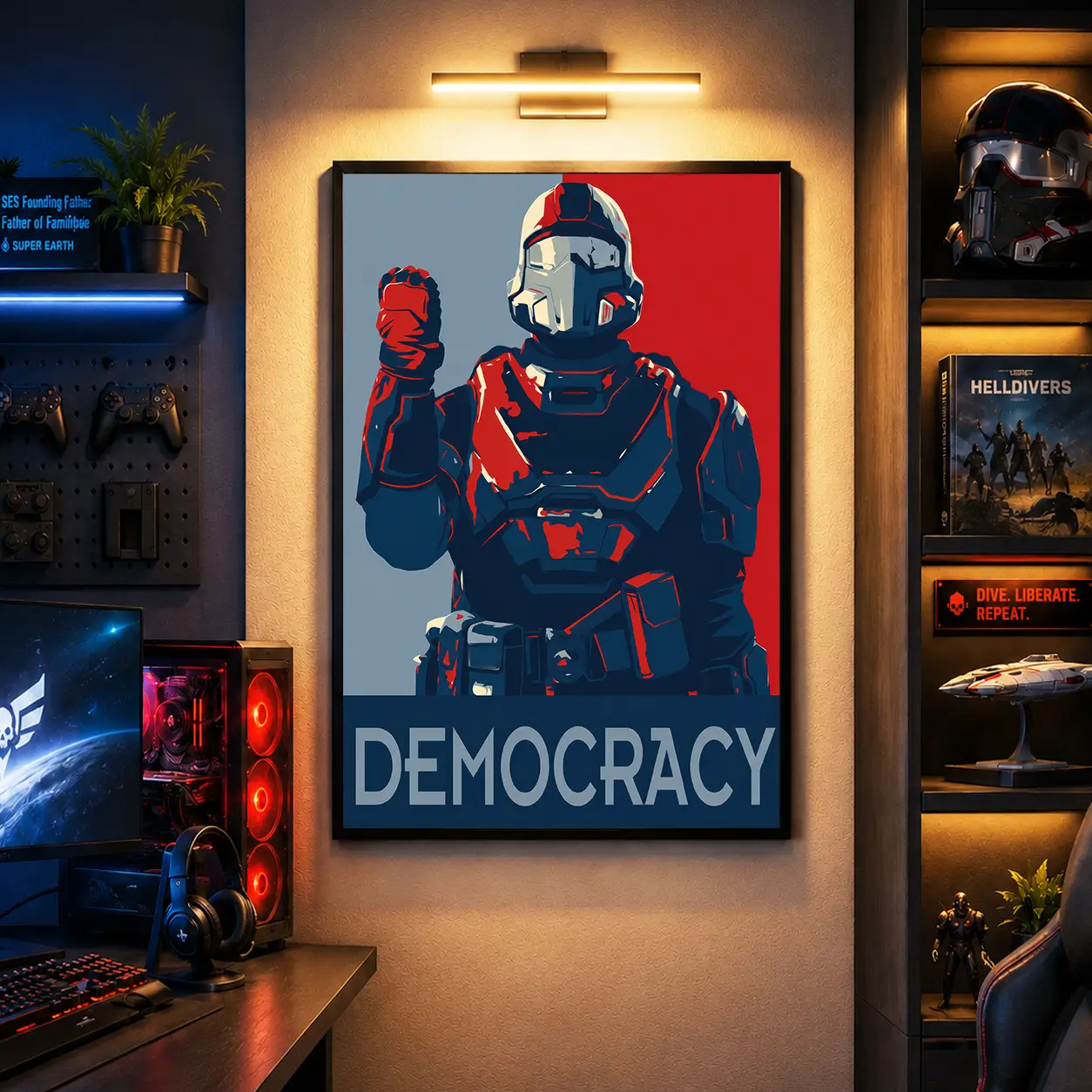 DEMOCRACY Helldivers 2 Military Wall Decor Canvas Print Poster, Helldivers 2 Themed Wall Decor, Military Tactical Theme Cool Decor For Home Room Living Room Game Room, Military Fans Gifts