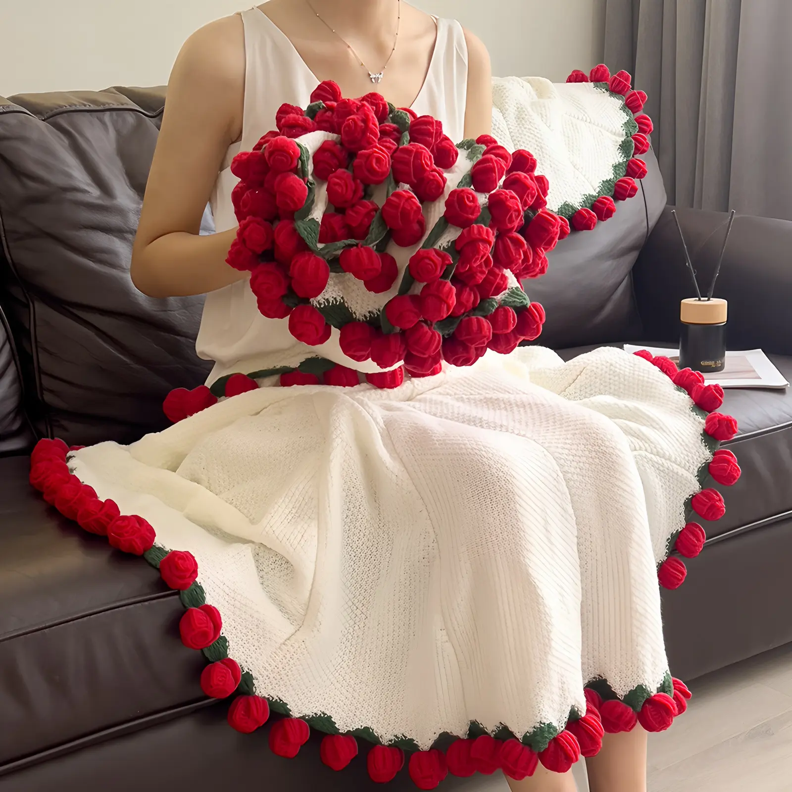 【Graduation Gift】 Crochet Flower Bouquet Rose Blanket 2-in-1 Handmade 3D Knitting Round Design 31-62 inch for Mother’s Day Birthdays Anniversary Gifts