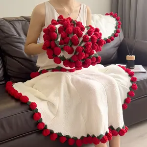 Mother's Day Crochet Flower Bouquet Rose Blanket 2-in-1 Handmade 3D Knitting Round Design 31-62 inch for Mother’s Day Birthdays Anniversary Gifts