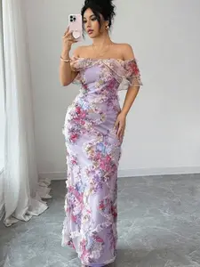 🌸 Off Shoulder Floral Mesh Dress | Elegant Ruffle Fitted Romantic Dress for Wedding Guest & Date Night ✨