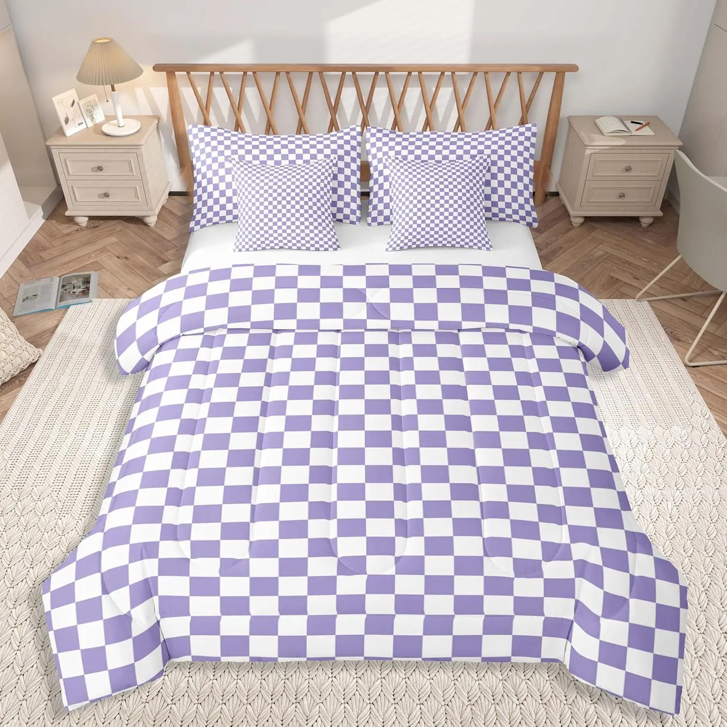 Purple and White Bedding Set 7Pcs Plaid Checkered Comforter Set with Sheets Classic Grid Buffalo Check Bed in a Bag Soft Lightweight,Microfiber