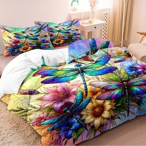 3-piece duvet cover set features a fantastical dragonfly and floral pattern, printed using 3D digital printing technology. Suitable for bedroom and guest room bedding (includes 1 duvet cover and 2 pillowcases, duvet insert not included).