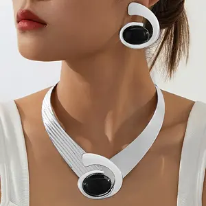 Lxalry Black and White Electroplated Set, Statement Custom Eye Necklace， 316L stainless steel, hypoallergenic, perfect gift for women and Father's Day