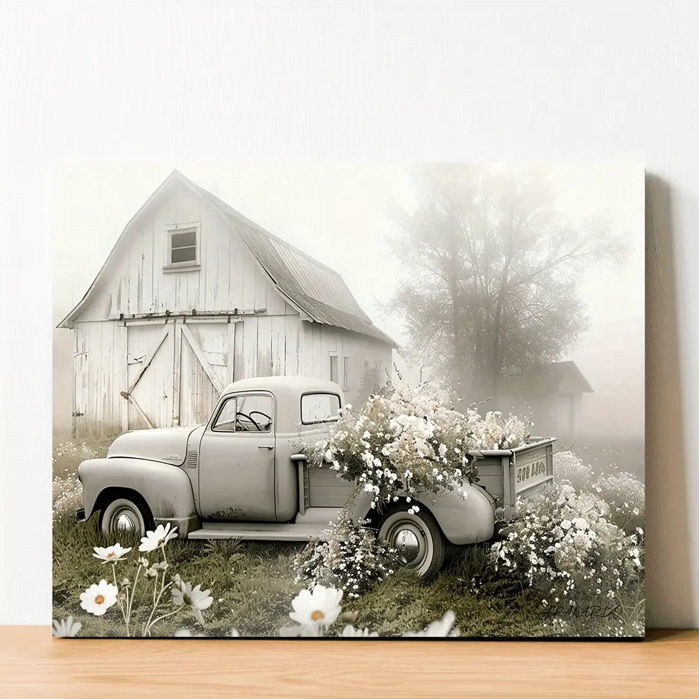 1 piece of rustic farmhouse canvas wall art - charming barn and misty pastoral scenery, featuring vintage trucks and flowers, wooden frame, ready to hang, perfect for decorating the living room, bedroom, or hallway, living room art | Vintage Truck Art | D