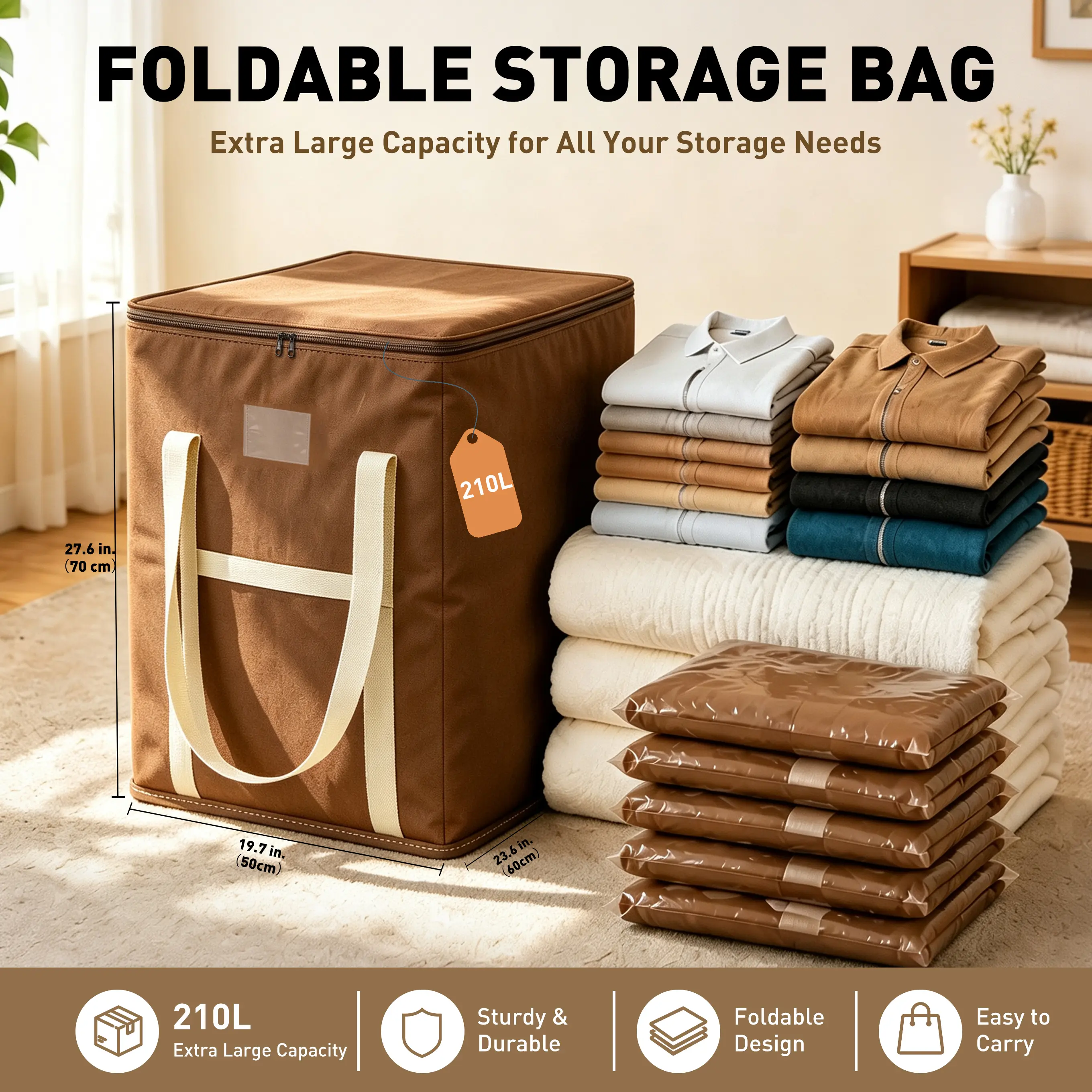Large Capacity Non-Woven Storage Bag with Zipper & Handles, Foldable Closet Organizer for Clothes, Blankets, Bedding, Comforters and Home Organization