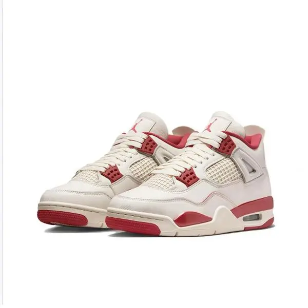 Retro Cream Red Mid Top Basketball Sneakers for Men, Leather Mesh Combo Upper, Non-slip Outsole, Air Cushion Support