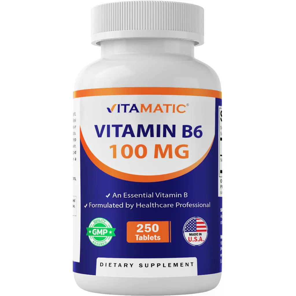 Vitamatic Pyridoxine HCI Vitamin B6 100 mg Edible Tablets - 250 Vegetarian, Gluten-Free, Doctor-Formulated Dietary Supplements for Nervous System Support, Energy Production