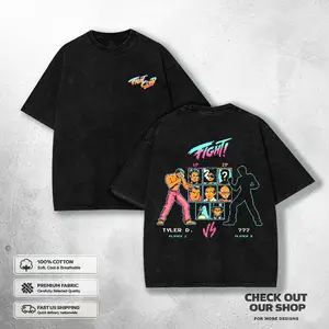 Retro 90s Game Fight Club Acid Washed Graphic pixel T-shirt, Vintage Unisex Heavyweight Cotton Fabric Crew Neck Tees 2000s Y2k Summer Tops  Streetwear