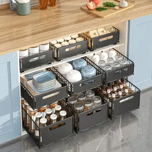 2Pcs Pull Out Drawers For Cabinets Slide Out Drawers For Kitchen Cabinet, No Drill Pullout Cabinet Organizer With Adhesive, Roll Out Drawer Cabinet Pull Out Shelves Organizer Racks Black