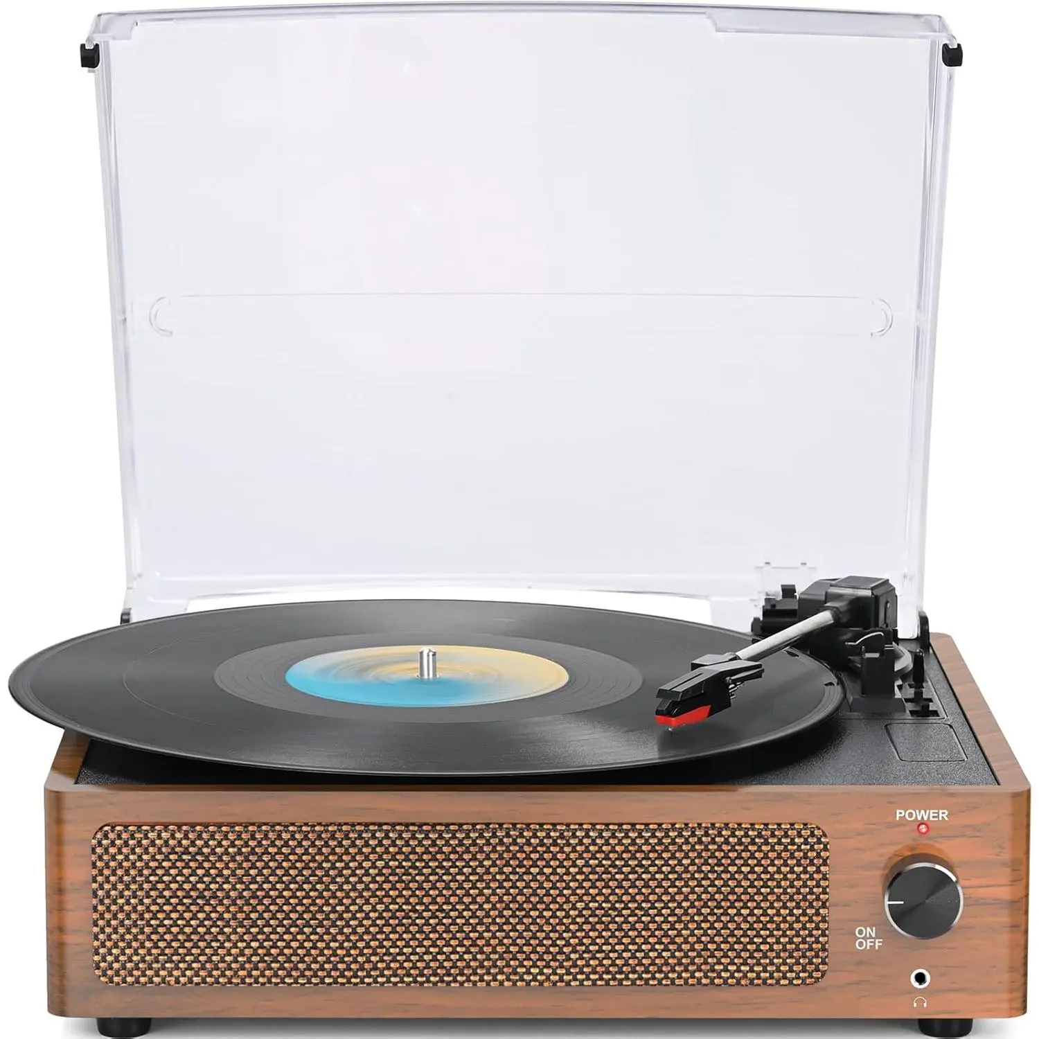 Vintage Brown Retro Wooden 3-Speed Belt-Driven Turntable - Multi-Functional All-in-1 Stereo Phonograph for Vinyl Records, with Auto Stop, Bluetooth Playback, Aux-in Port, 3.5mm Jack, RCA Jacks, Built-in Stereo Speakers