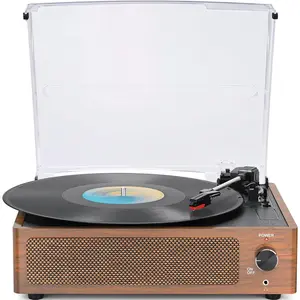 Vintage Brown Wooden 3-Speed Vinyl Record Player - All-in-1 Stereo Phonograph with Auto Stop, Bluetooth Playback, Aux-in Port, Headphone Compatibility, RCA Jacks