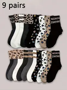 Women's Leopard Print Striped Mid-Calf Socks, 9 Pairs Mixed Colors, Casual Fashion Comfort Soft Fit, Perfect for Daily Wear, Everyday, Home, Sports, Parties, College Style, Casual Stylish Socks